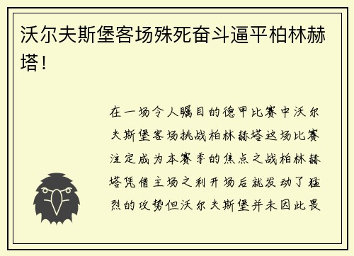 沃尔夫斯堡客场殊死奋斗逼平柏林赫塔！