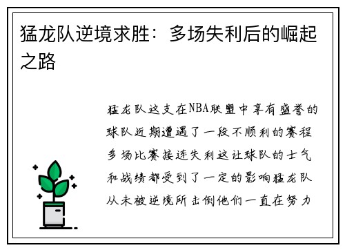 猛龙队逆境求胜：多场失利后的崛起之路